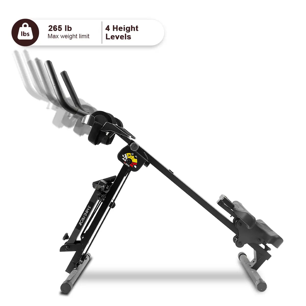 In ab machine mode, the Tousains 3 in 1 rowing machine offers 4 adjustable height levels. The maximum weight limit of this machine is 265 lbs.