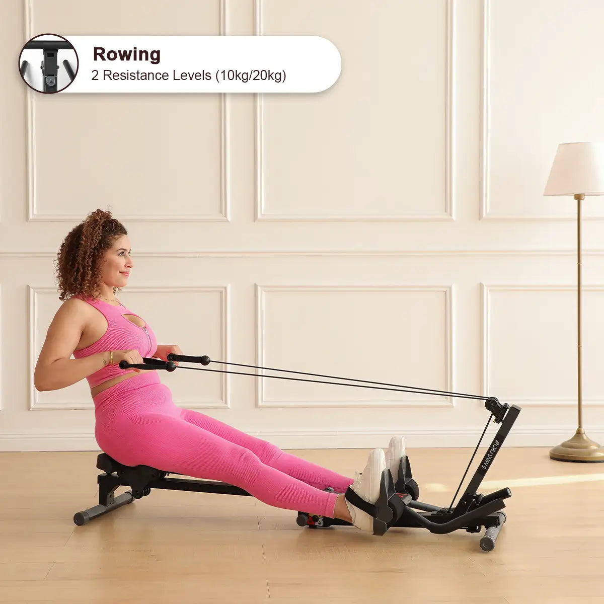 In rowing mode, the Tousains 3 in 1 rowing machine provides two adjustable resistance levels: 10kg and 20kg.