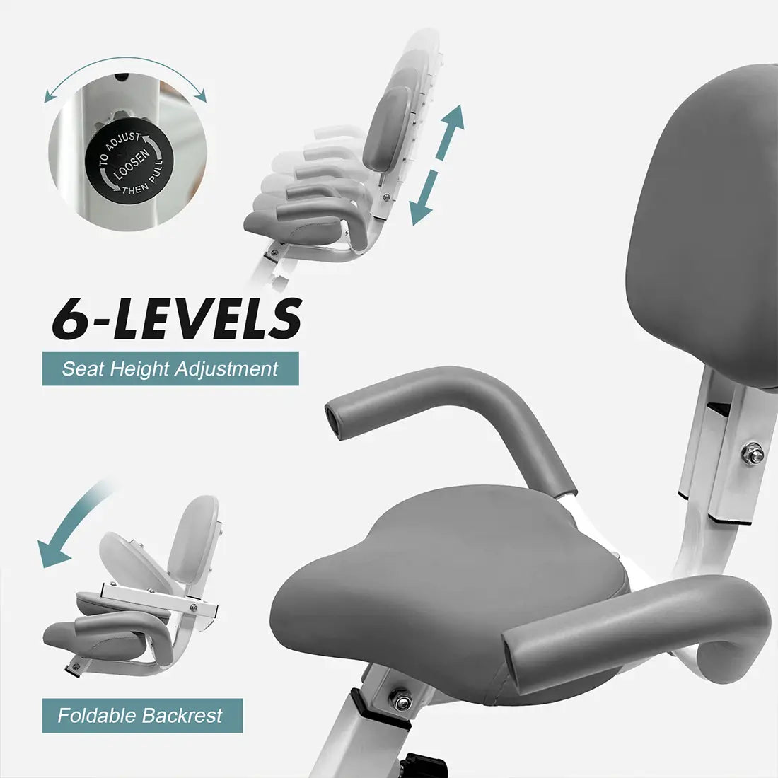 Tousains foldable exercise bike with 6 levels of seat height adjustment.