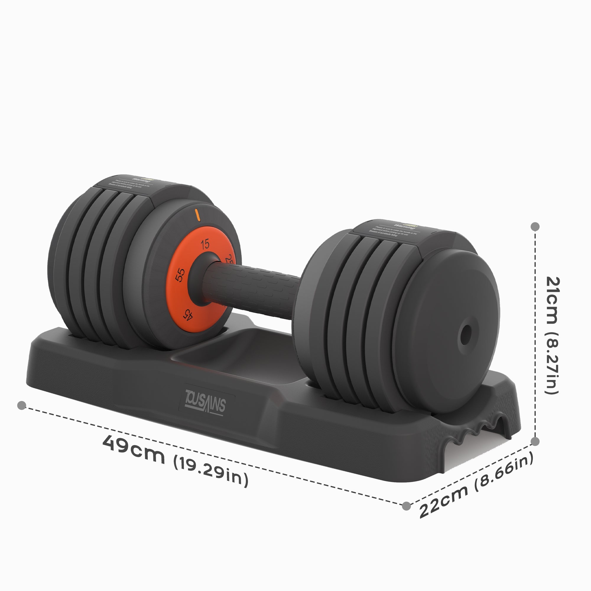 The dimensions of Tousains Adjustable Dumbbell MX55